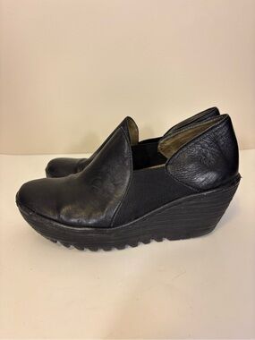 Fly London Black Leather Wedge Slip-On Shoes 40= 9-9.5